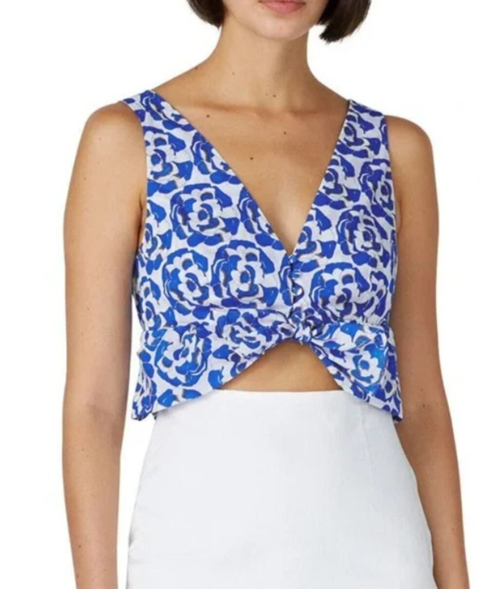 Thakoon Collective Floral Ruffle Crop Top Plunge V Neck Sleeveless Womens 8